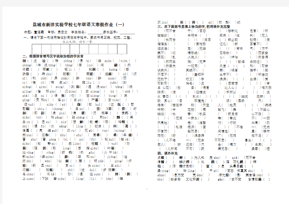 2012-2013学年度秋学期盐城市新洋实验学校七年级语文寒假作业(一)