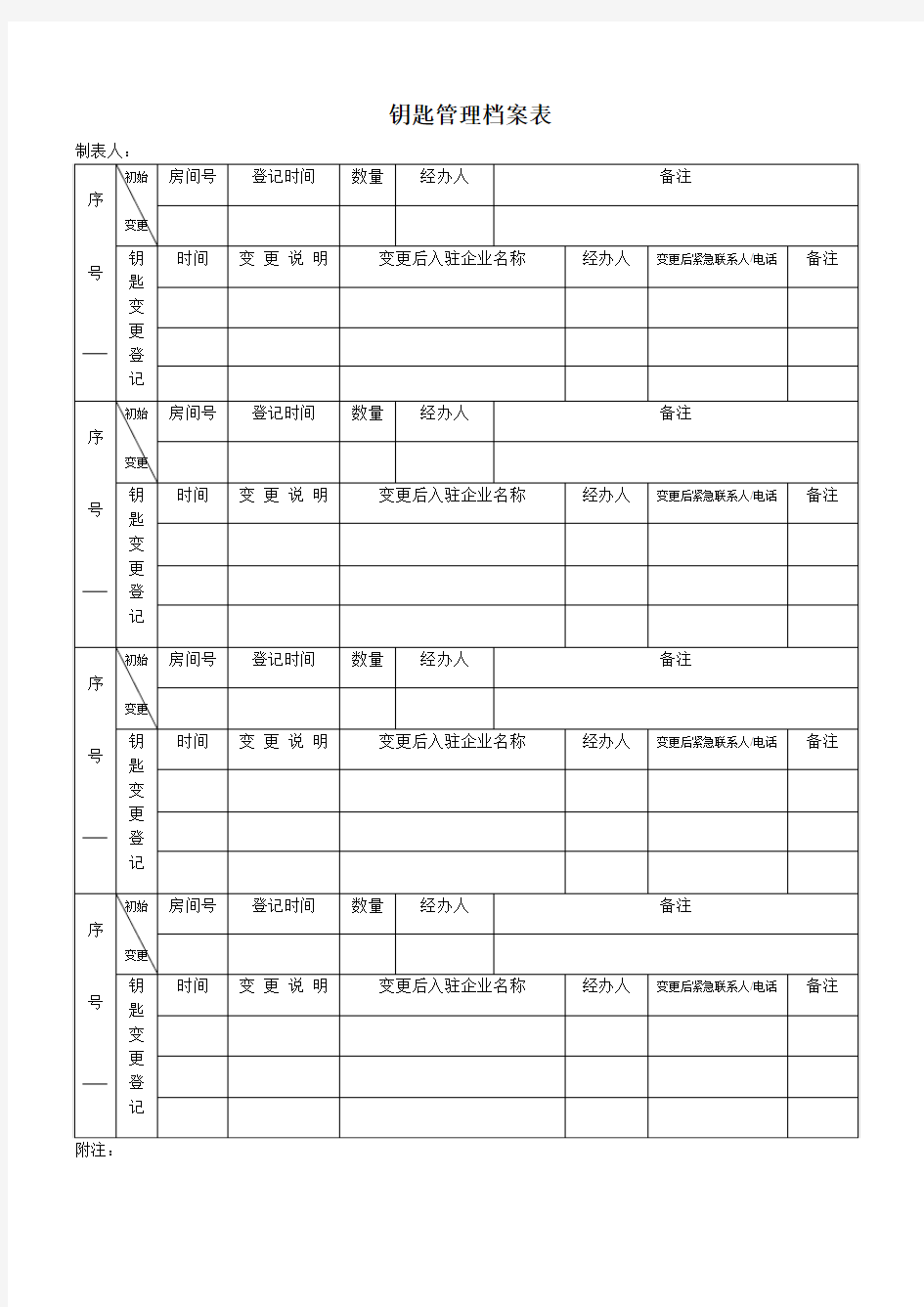 钥匙管理档案表