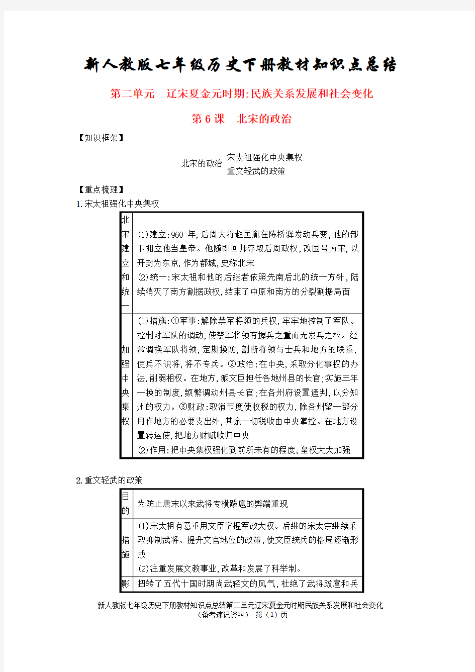 新人教版七年级历史下册教材知识点总结第二单元辽宋夏金元时期民族关系发展和社会变化