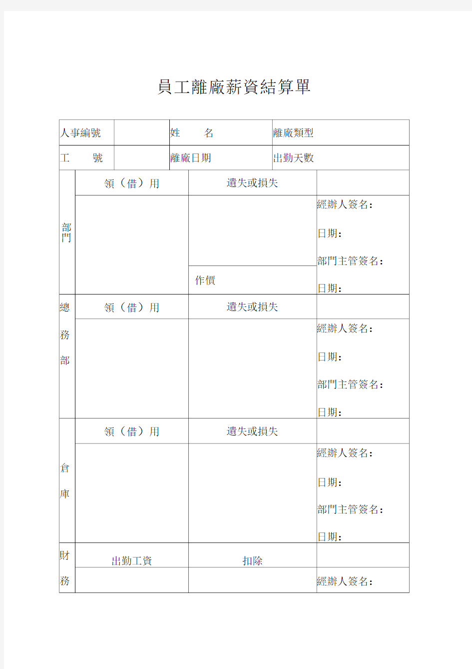 员工离职薪资结算单