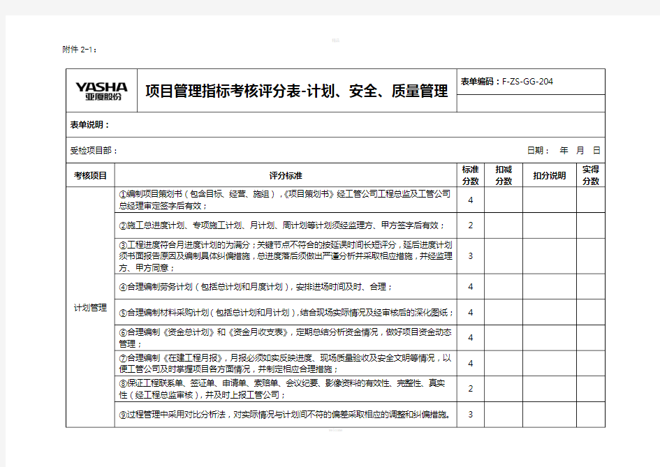 管理指标考核评分表