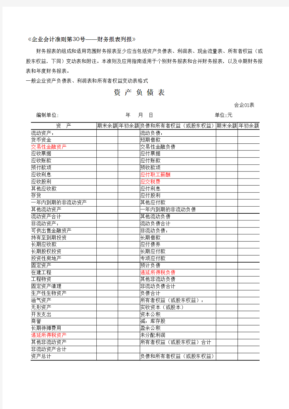 财务报表标准格式_完整版.