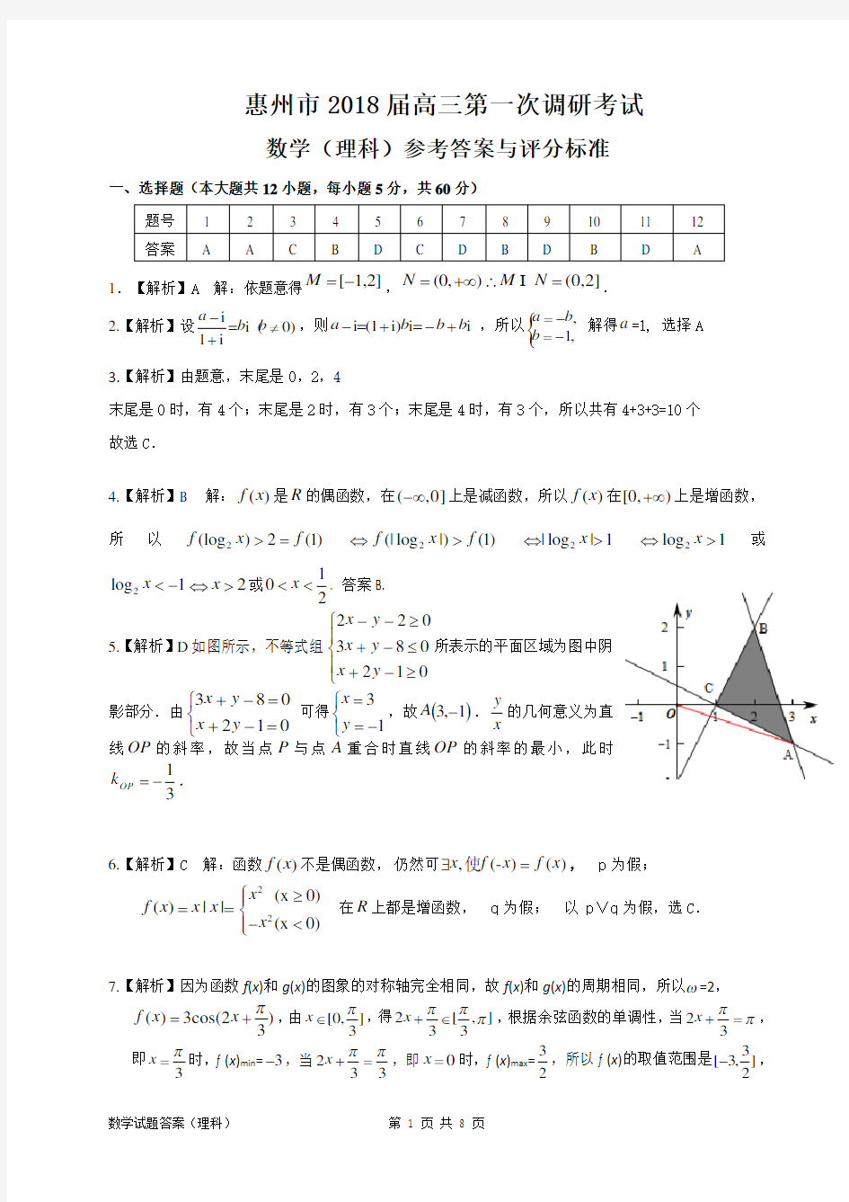 惠州市2018届高三第一次调研考试数学(理科)答案1-1_347