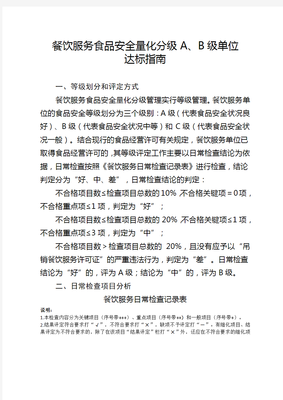 餐饮服务食品安全量化分级A、B级单位达标指南