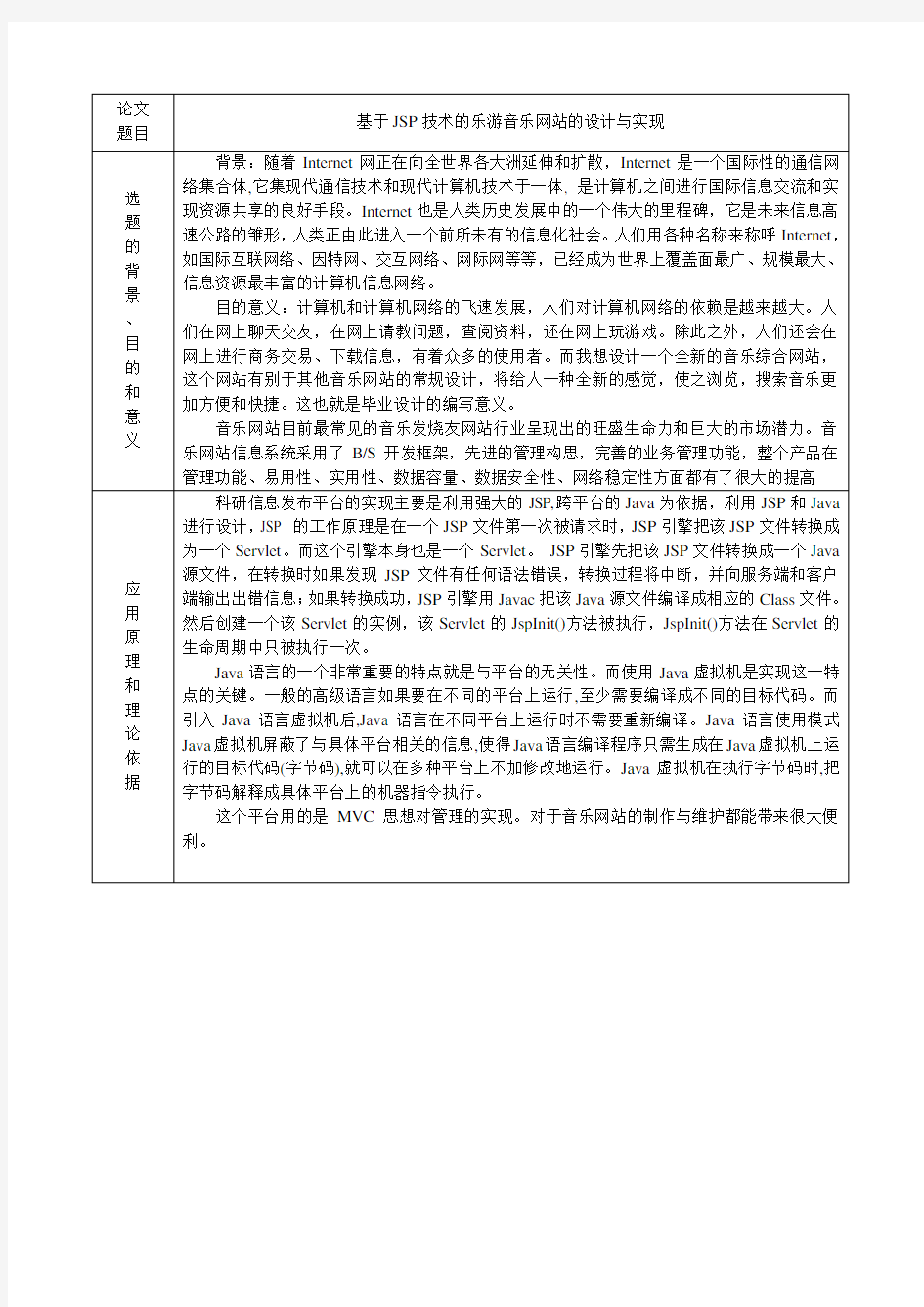 基于JSP技术的乐游音乐网站的设计与实现(开题报告)