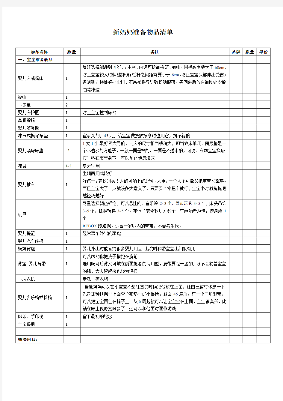 新妈妈准备物品清单汇总