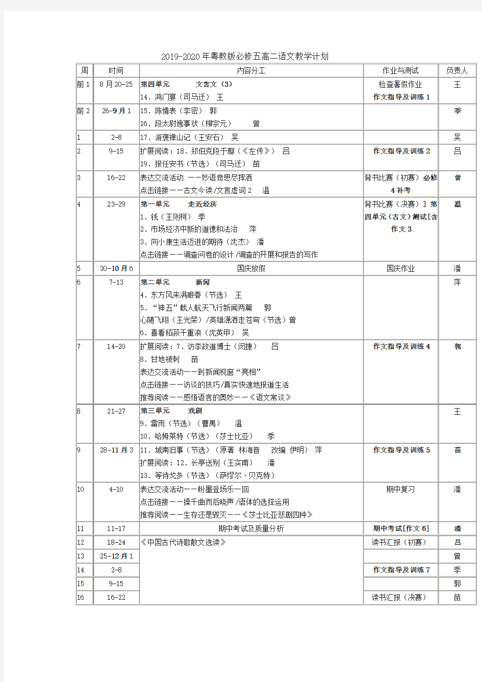 2019-2020年粤教版必修五高二语文教学计划