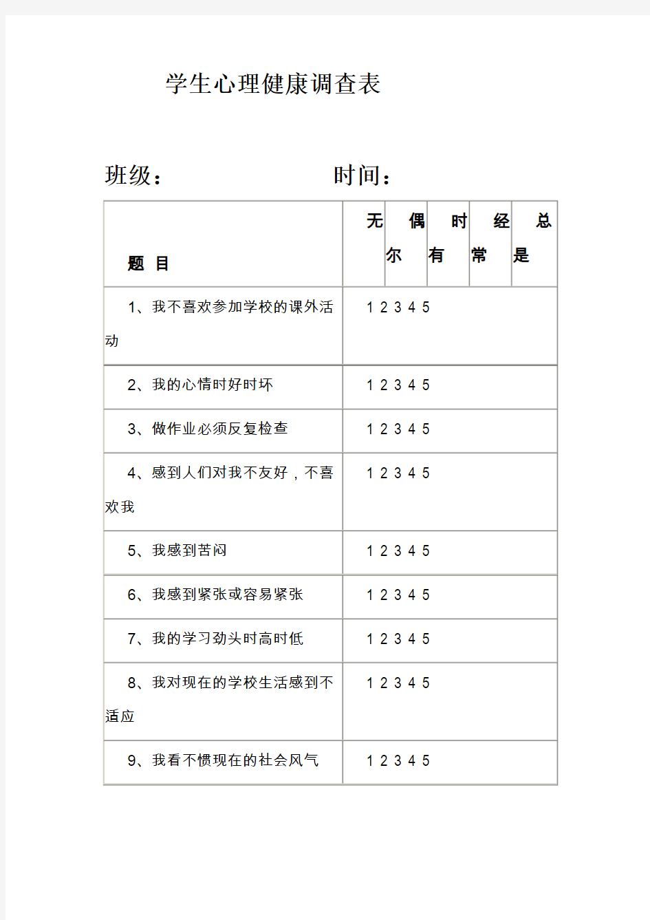 学生心理健康调查表