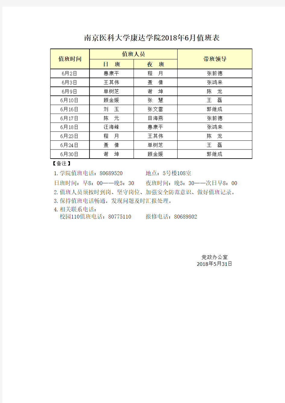 南京医科大学康达学院2018年6月值班表