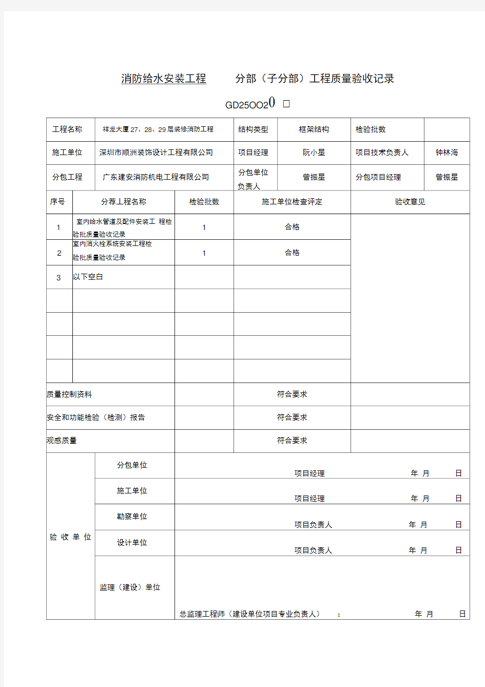 分部子分部工程质量验收记录