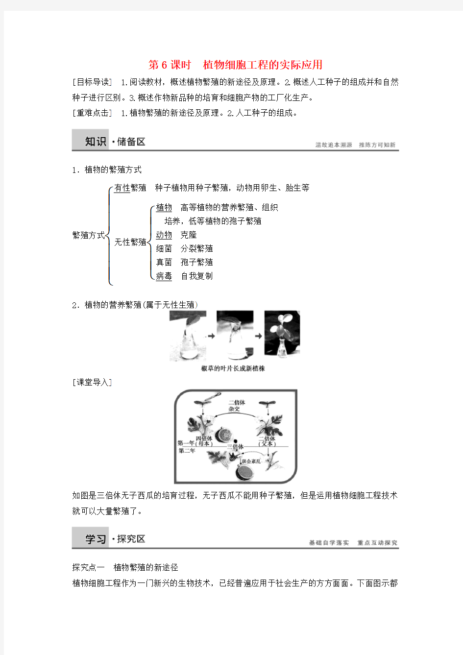 高中生物专题二细胞工程第6课时植物细胞工程的实际应用学案新人教版选修