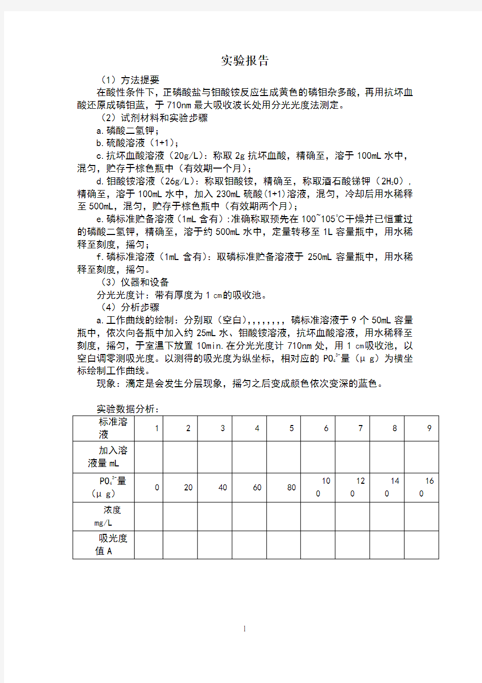 水中磷酸盐含量的测定的实验报告