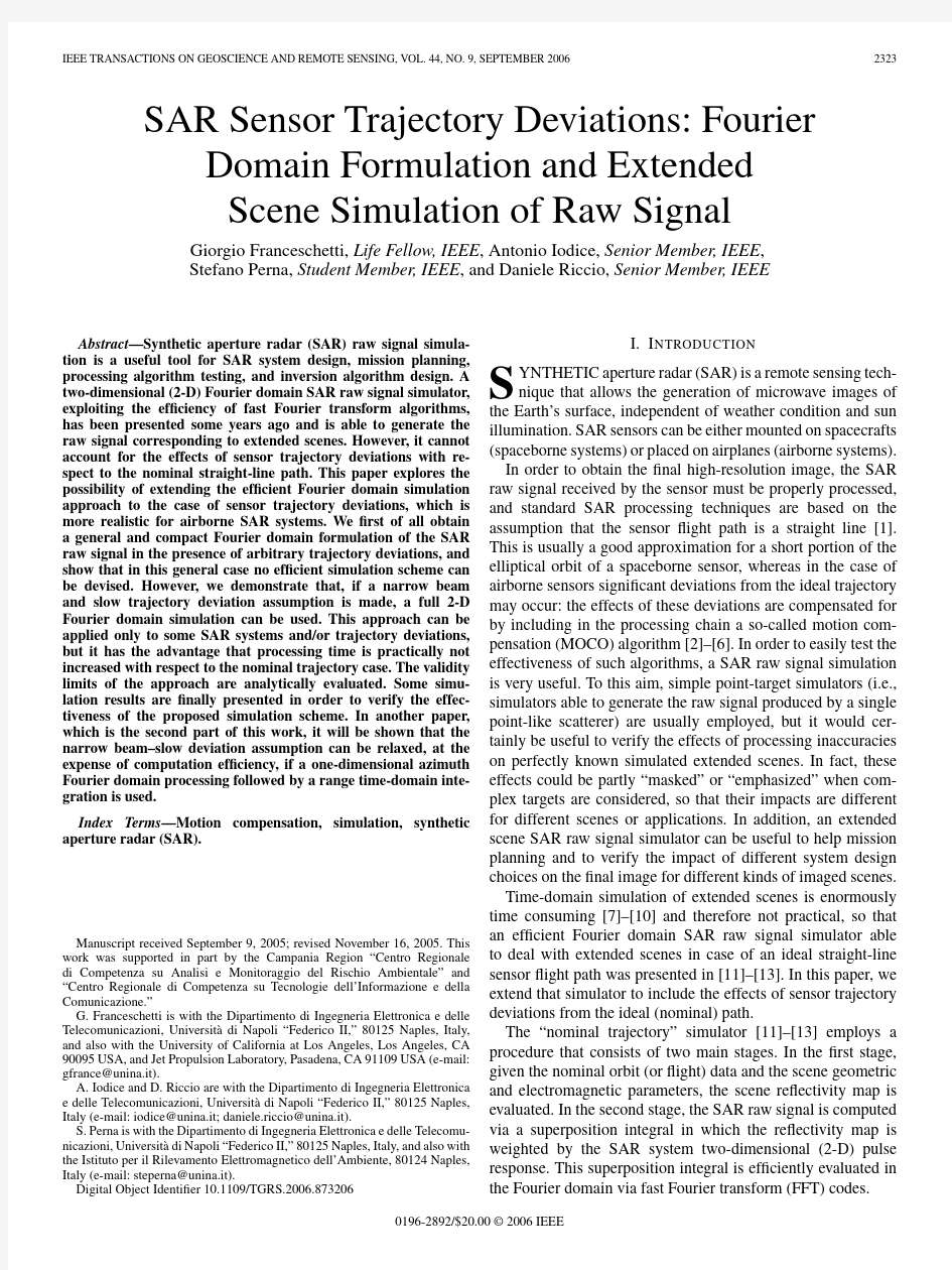 SAR Sensor Trajectory Deviations Fourier Domain Formulation and Extended Scene Simulation