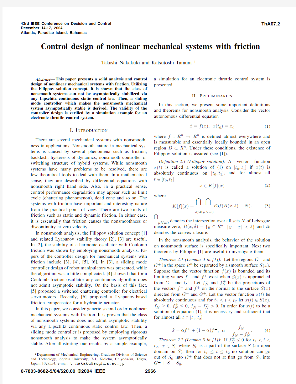 Control design of nonlinear mechanical systems with friction