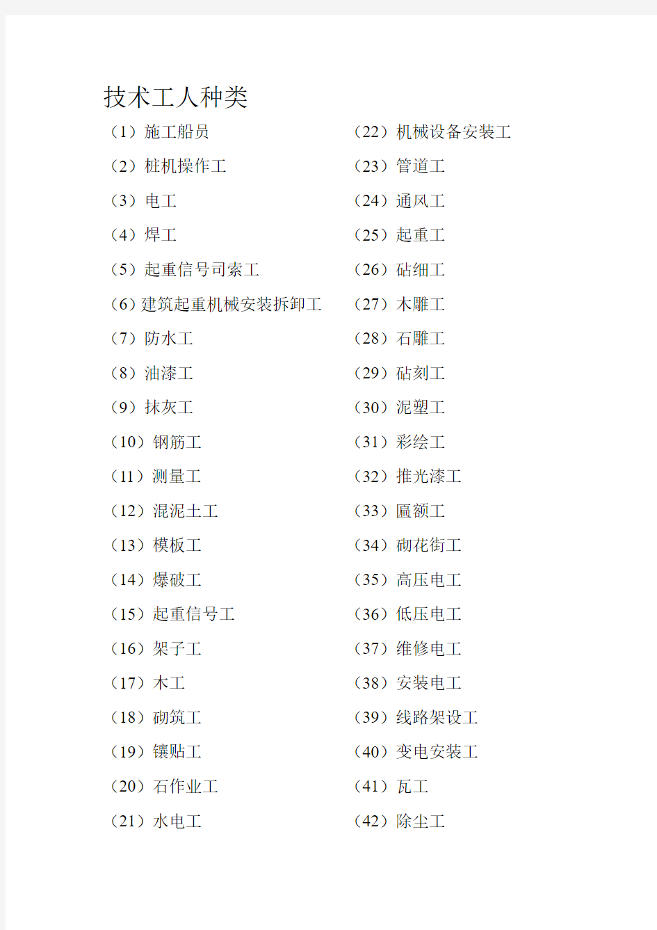 (建筑业)资质标准要求的42个工种的技术工人、11种岗位证书、2种专业作业操作证书