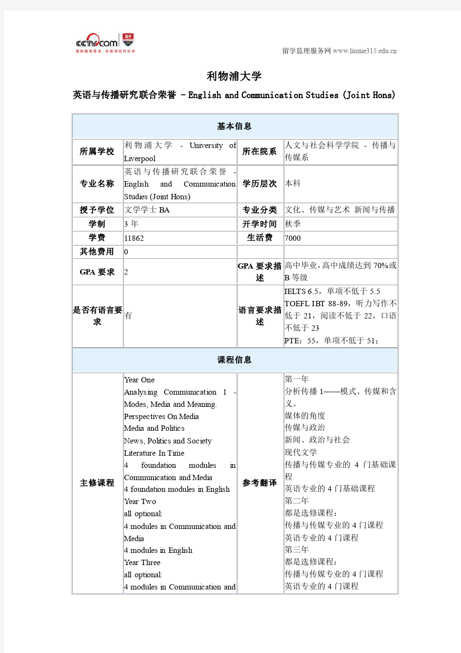 利物浦大学英语与传播研究联合荣誉本科