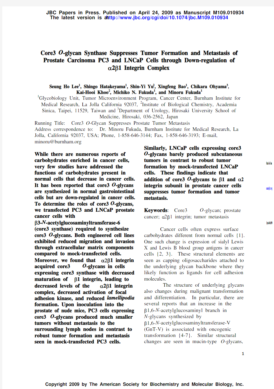 Core3 O-glycan Synthase Suppresses Tumor Formation and Metastasis of