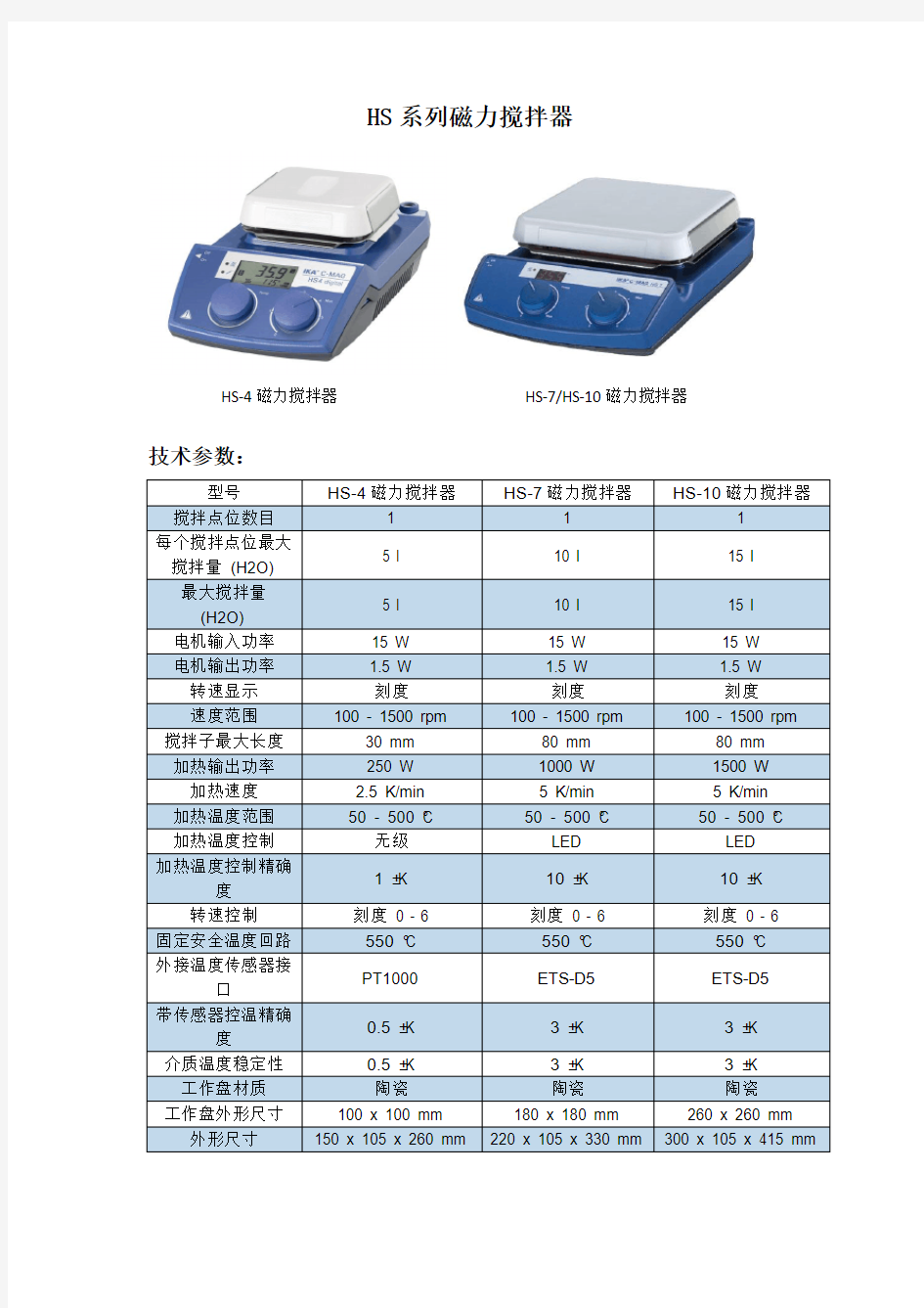 磁力搅拌器和选配件的参数说明