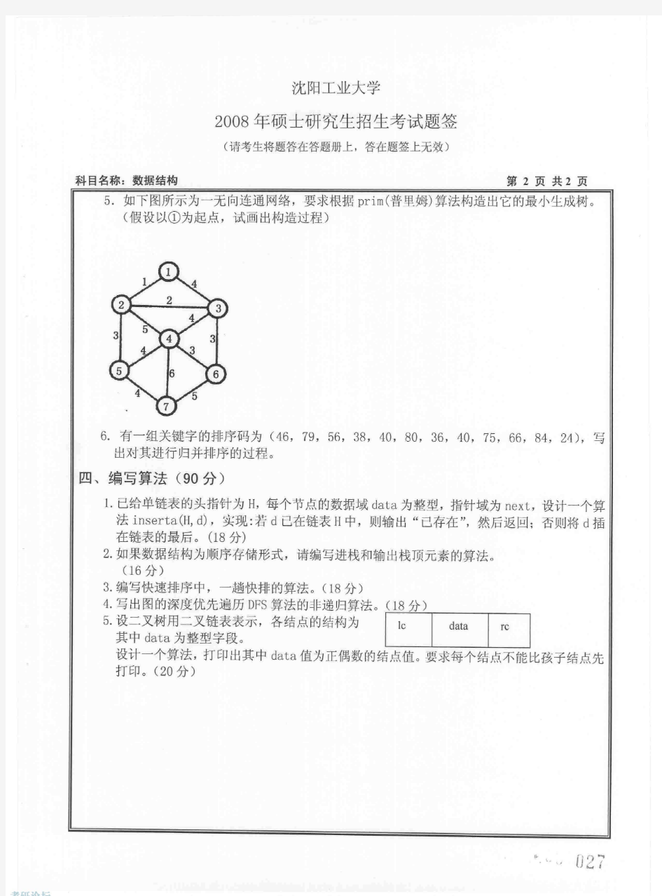 2008年沈阳工业大学数据结构考研试题