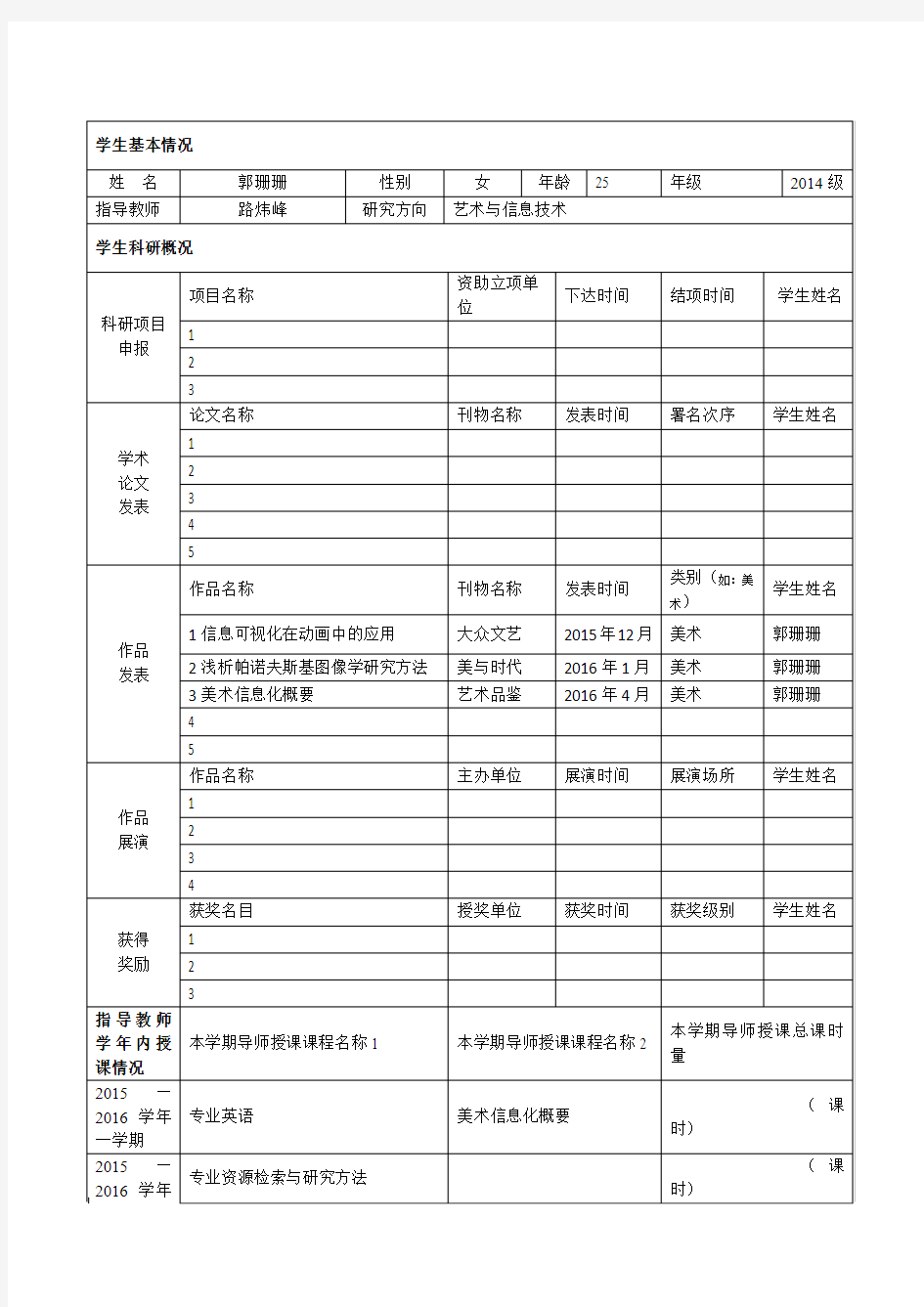 云南艺术学院考核表