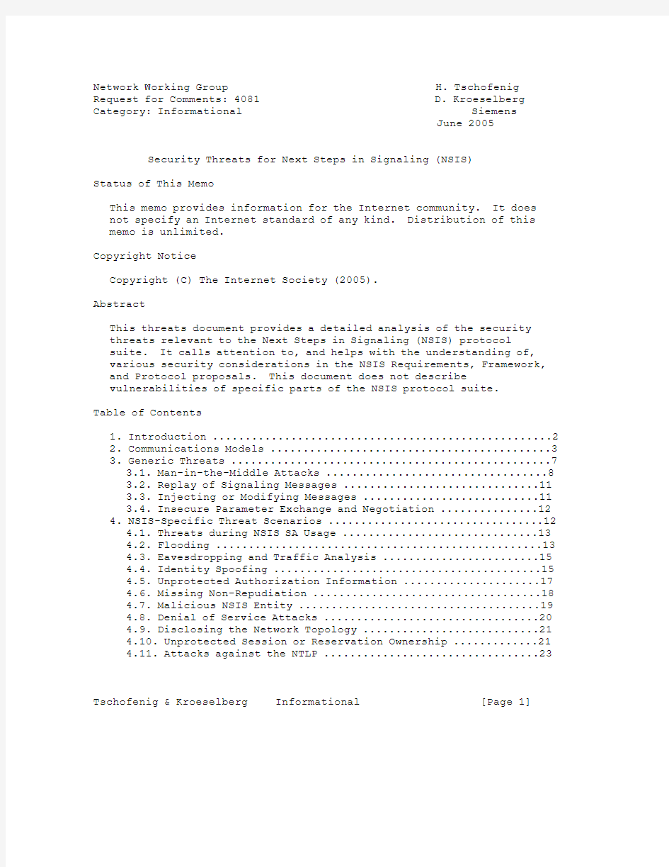 rfc4081.Security Threats for Next Steps in Signaling (NSIS)