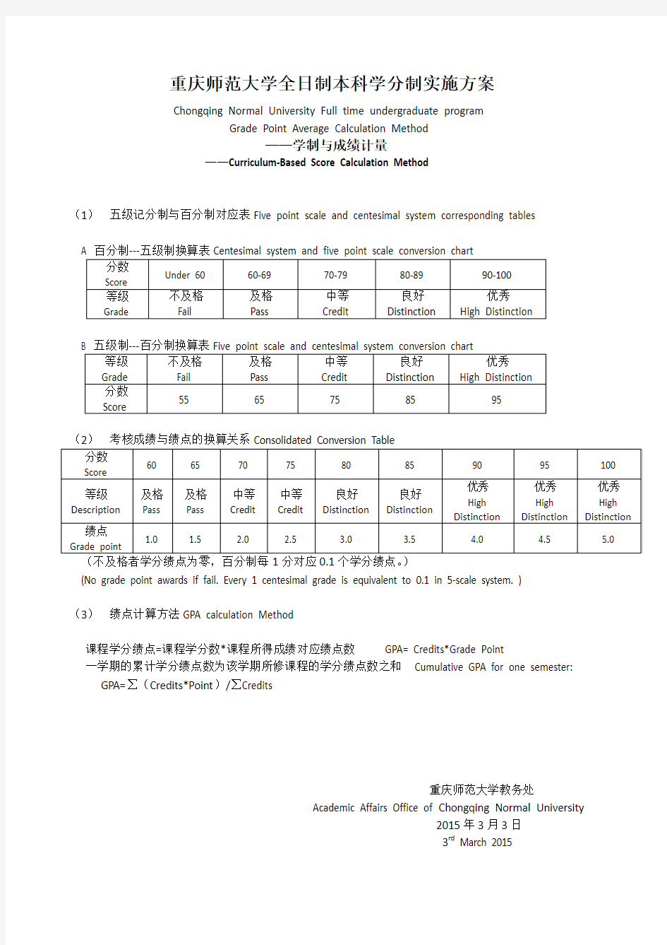 重庆师范大学全日制本科学分制实施方案