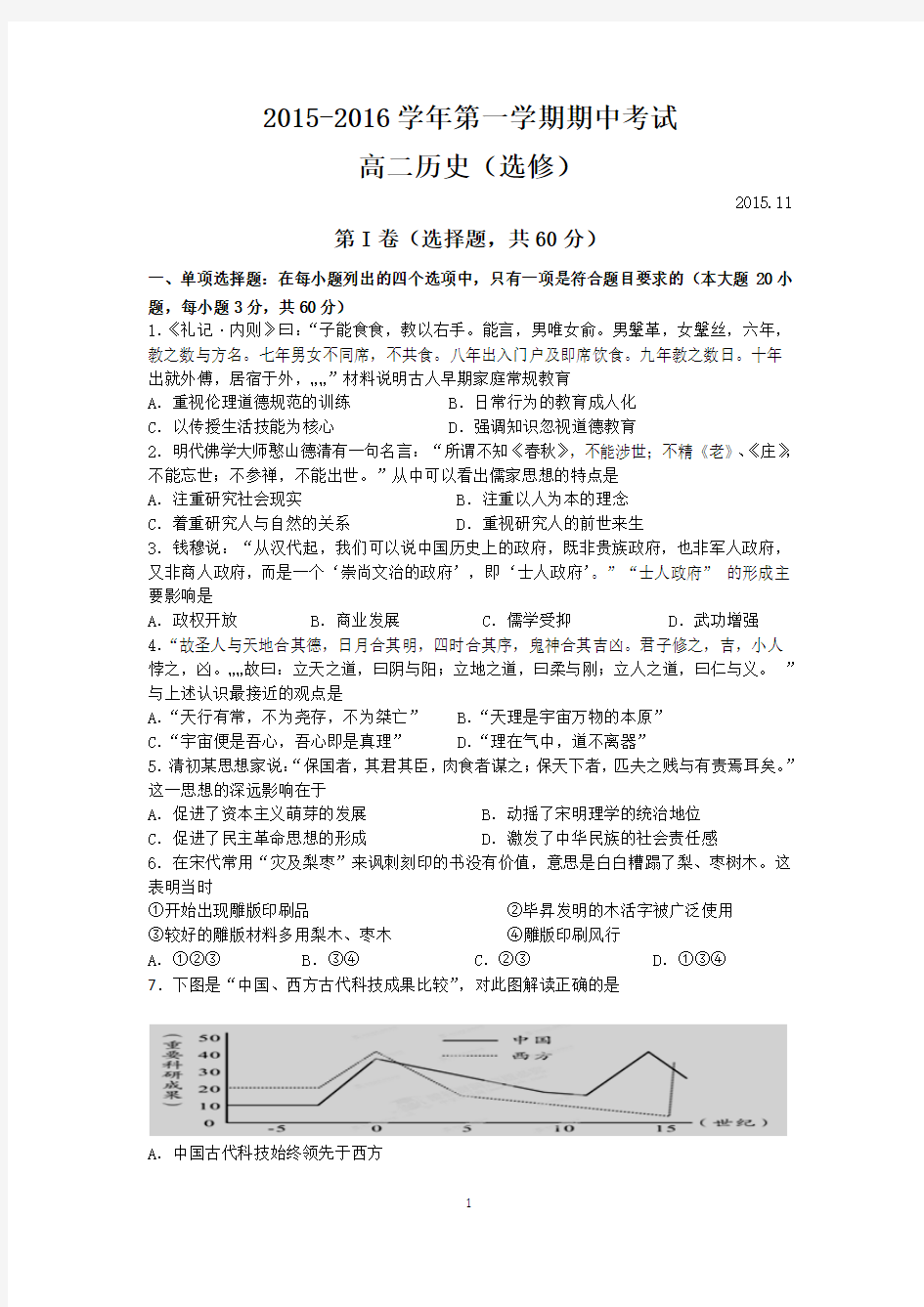 11 历史-2015-2016学年高二上学期期中考试历史(选修)试题