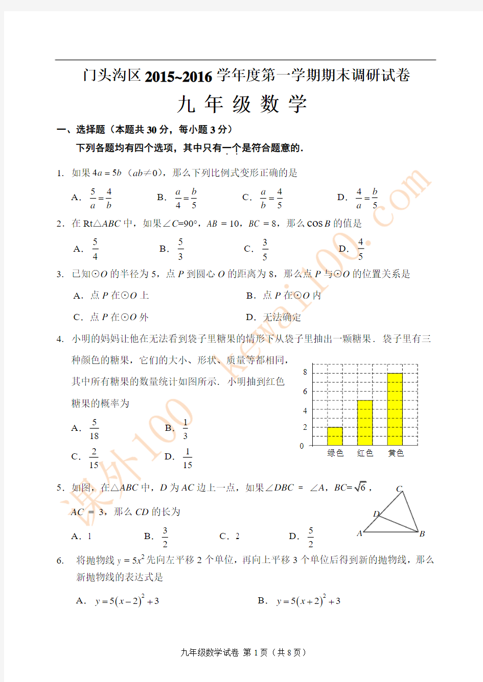 2015-2016年门头沟九年级数学期末试题