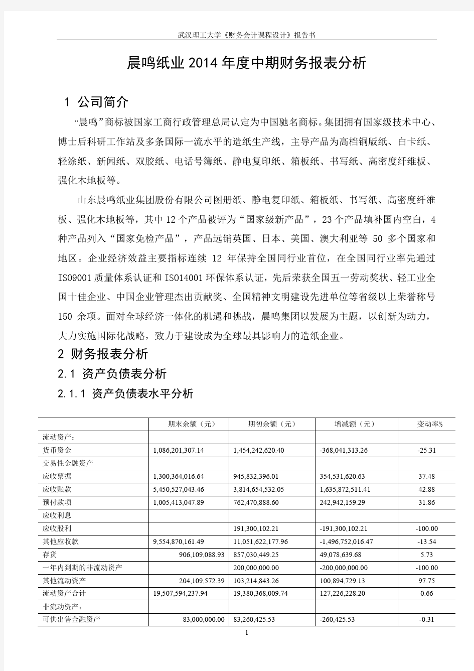 晨鸣纸业财务报表分析