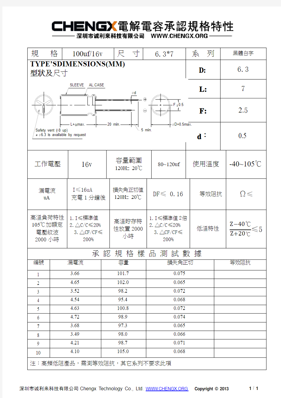 电解电容规格书100UF16V6.3X7