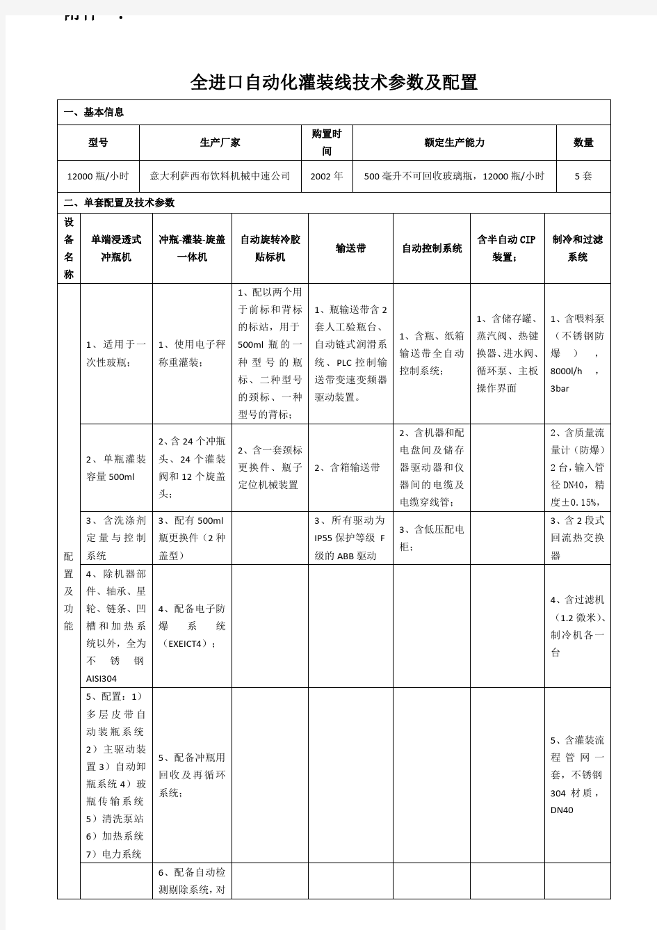 全进口自动化灌装线技术参数及配置