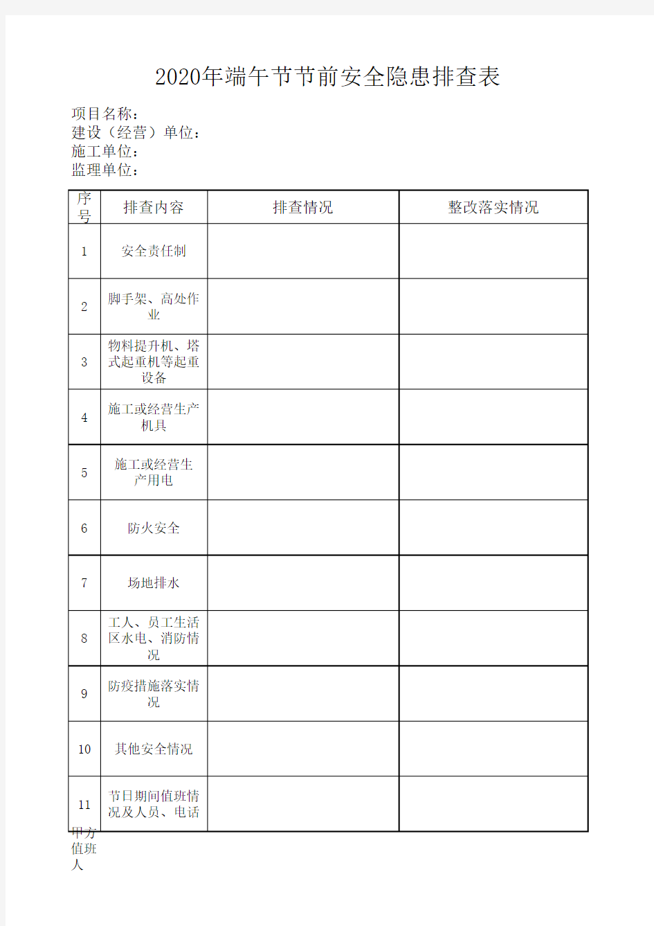 节前安全隐患排查表