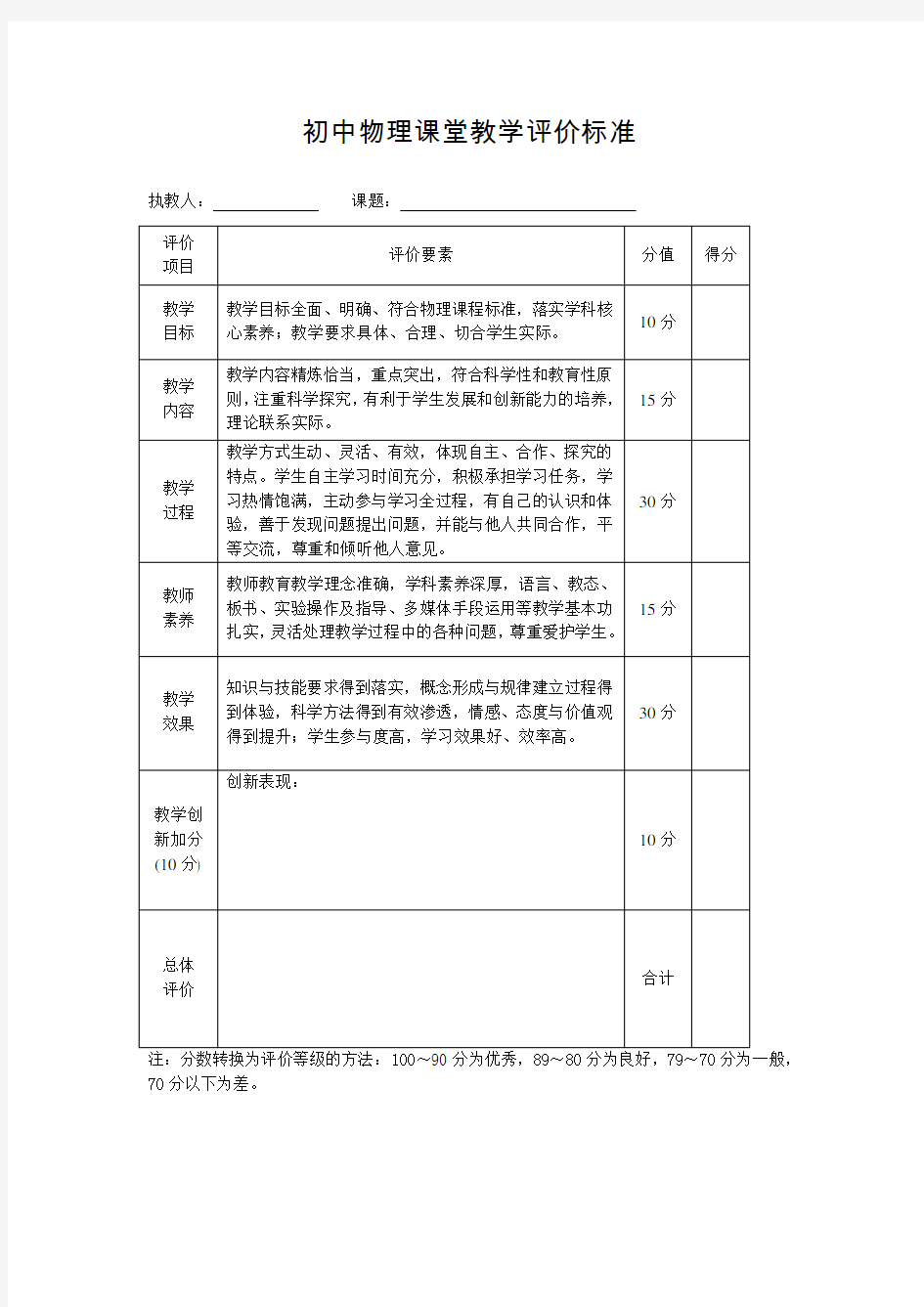 初中物理课堂教学评价标准(教学)