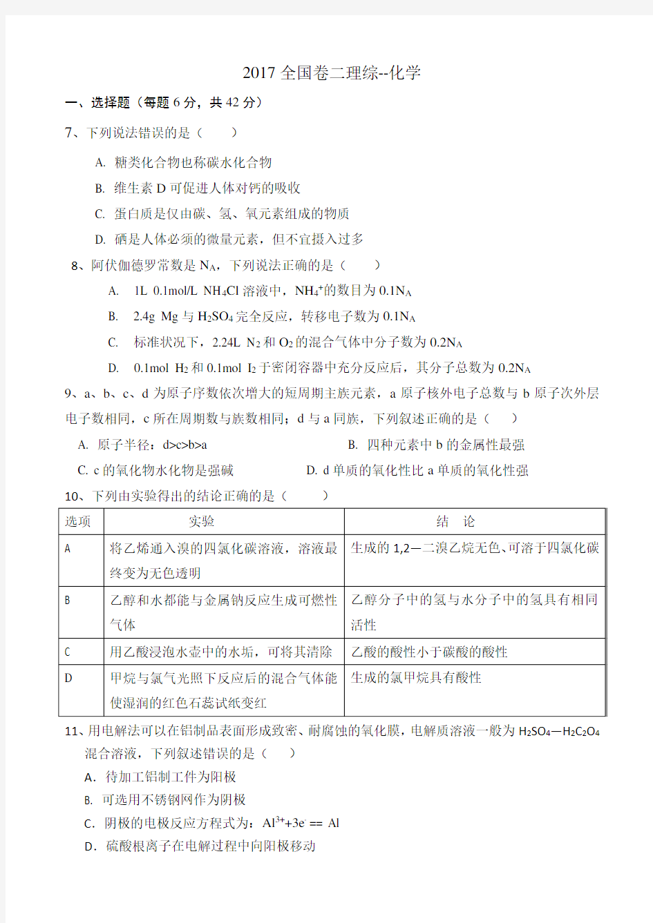 2018年全国卷2高考化学及解析