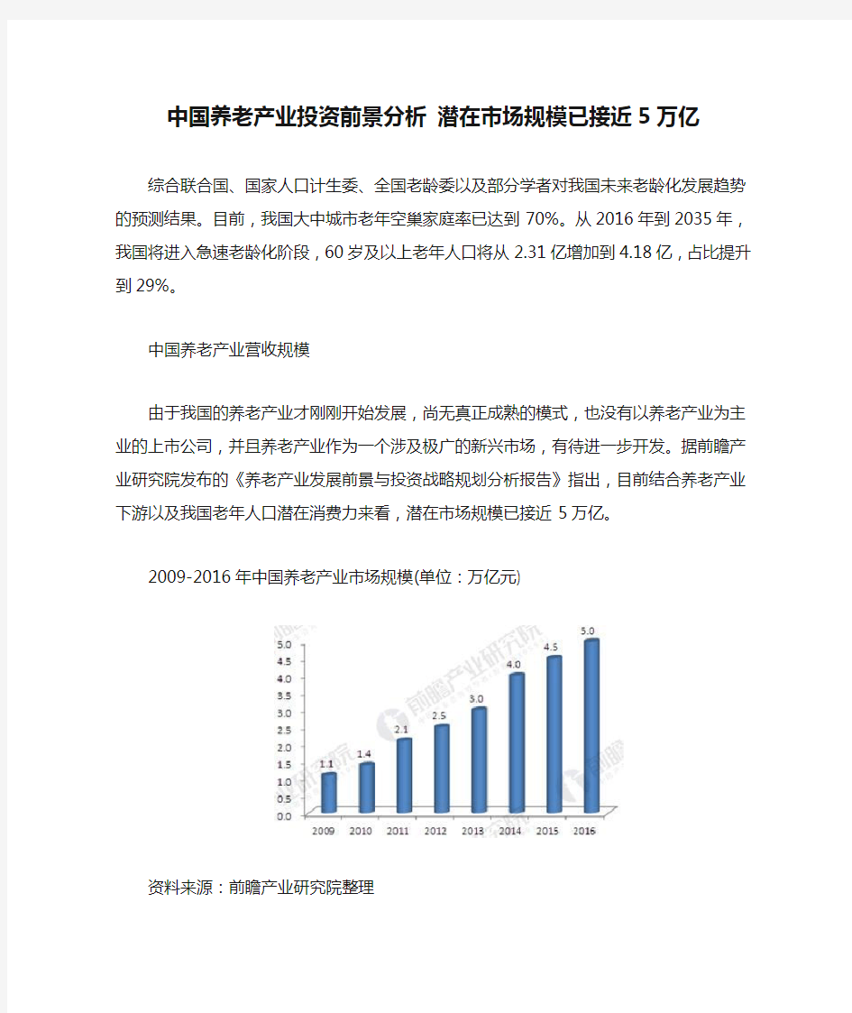 中国养老产业投资前景分析 潜在市场规模已接近5万亿
