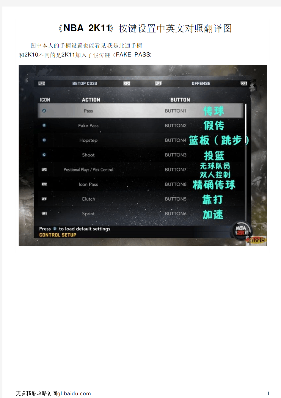 《NBA 2K11》按键设置中英文对照翻译图