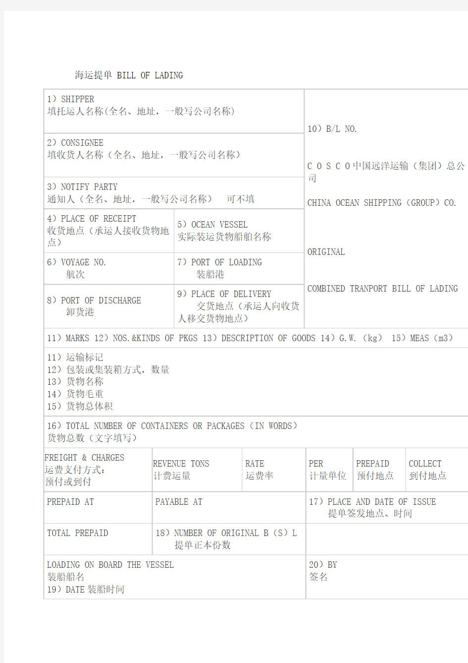 海运提单填写说明