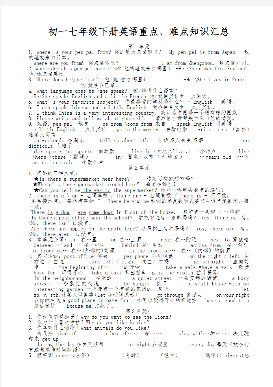 初一七年级下册英语重点、难点知识汇总