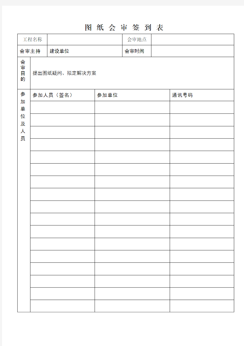 工程图纸会审签到表