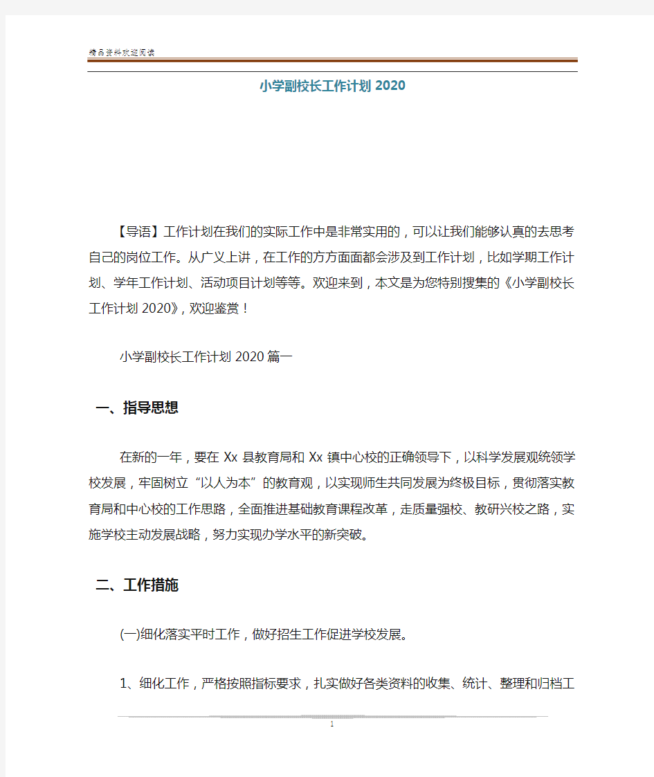 小学副校长工作计划2020