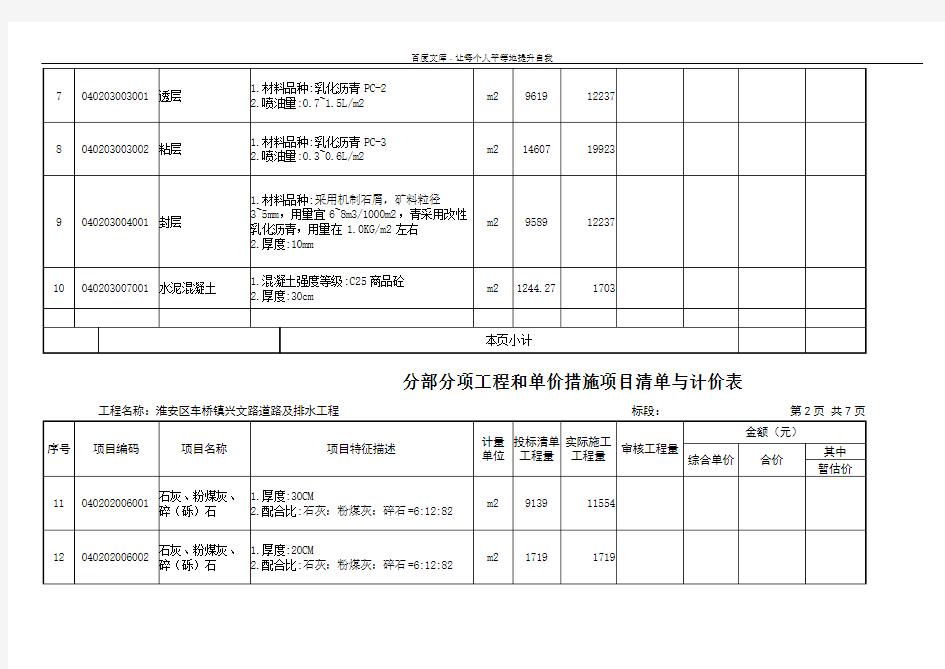 分部分项工程和单价措施项目清单与计价表