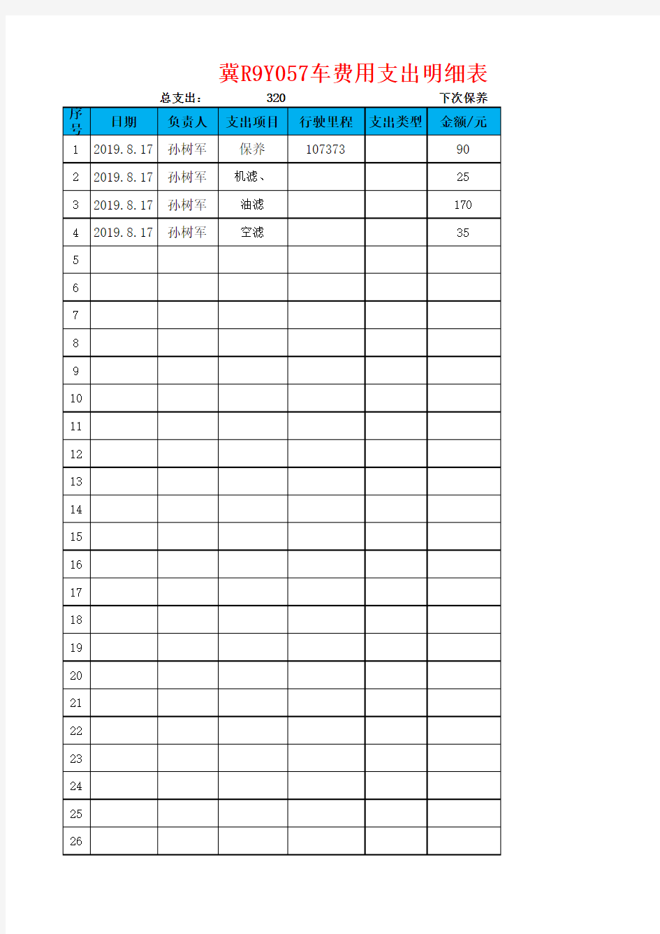 汽车维修保养费用支出明细表