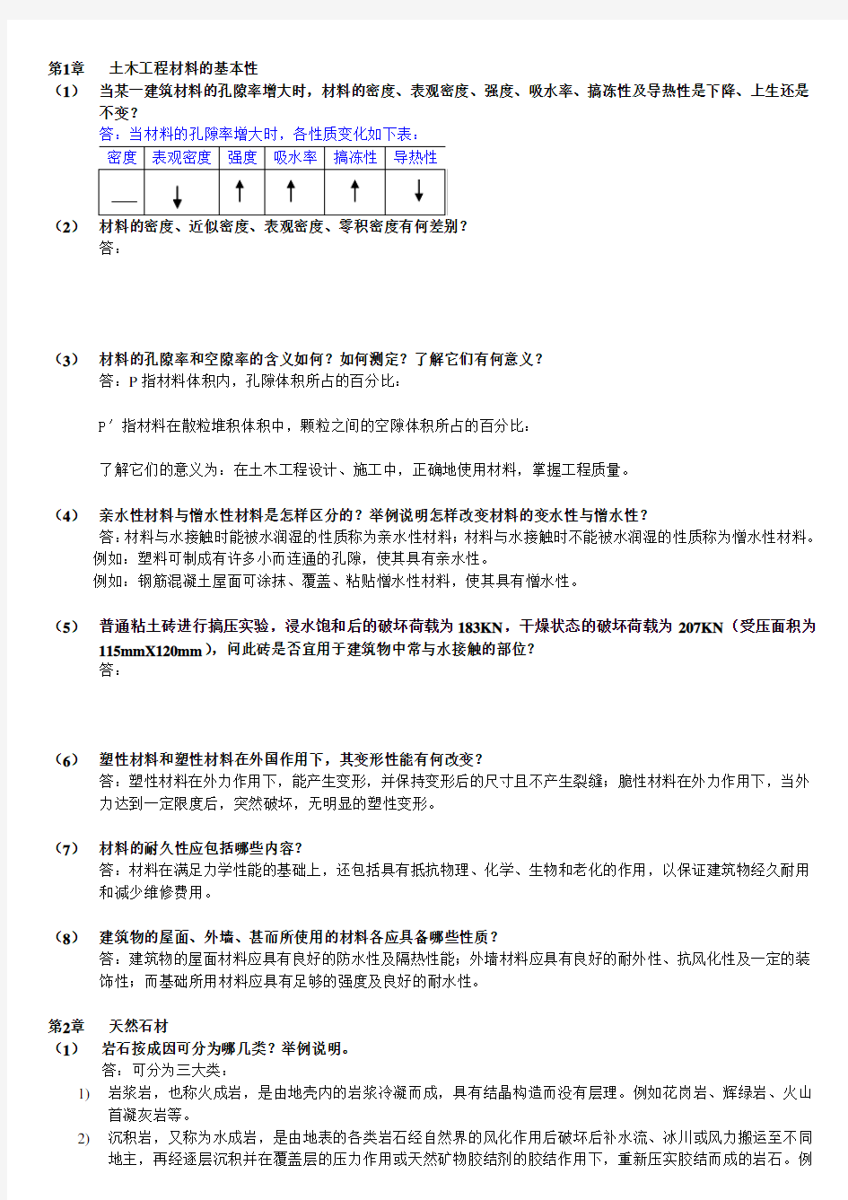 土木工程材料(湖南大学、天津大学、同济大学、东南大学-合编)课后习题答案