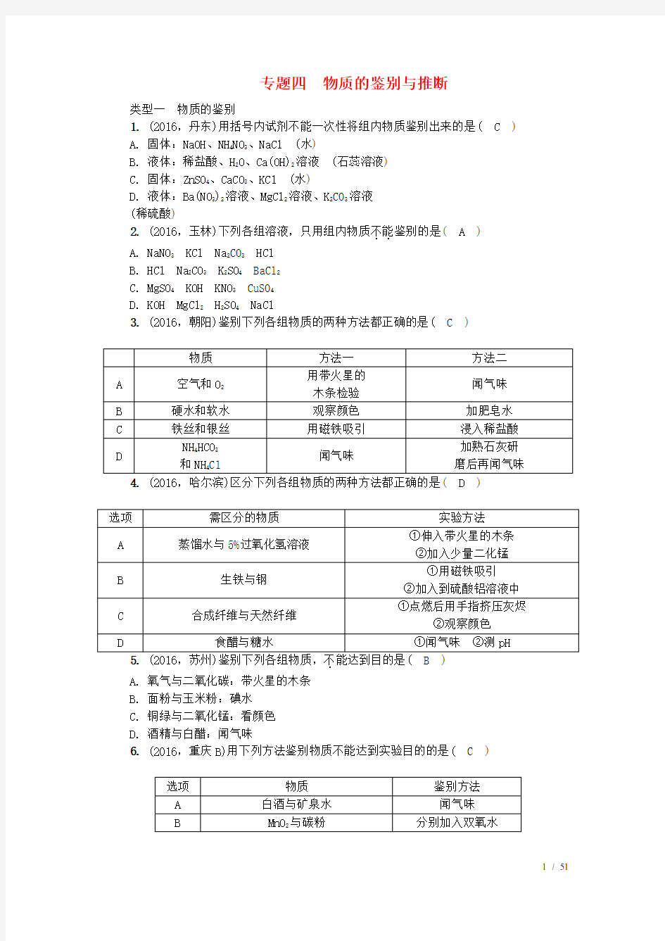 中考化学总复习第篇专题聚焦专题四物质的鉴别与推断试题