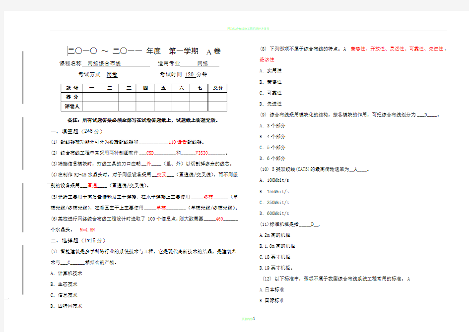 网络综合布线试卷A.B