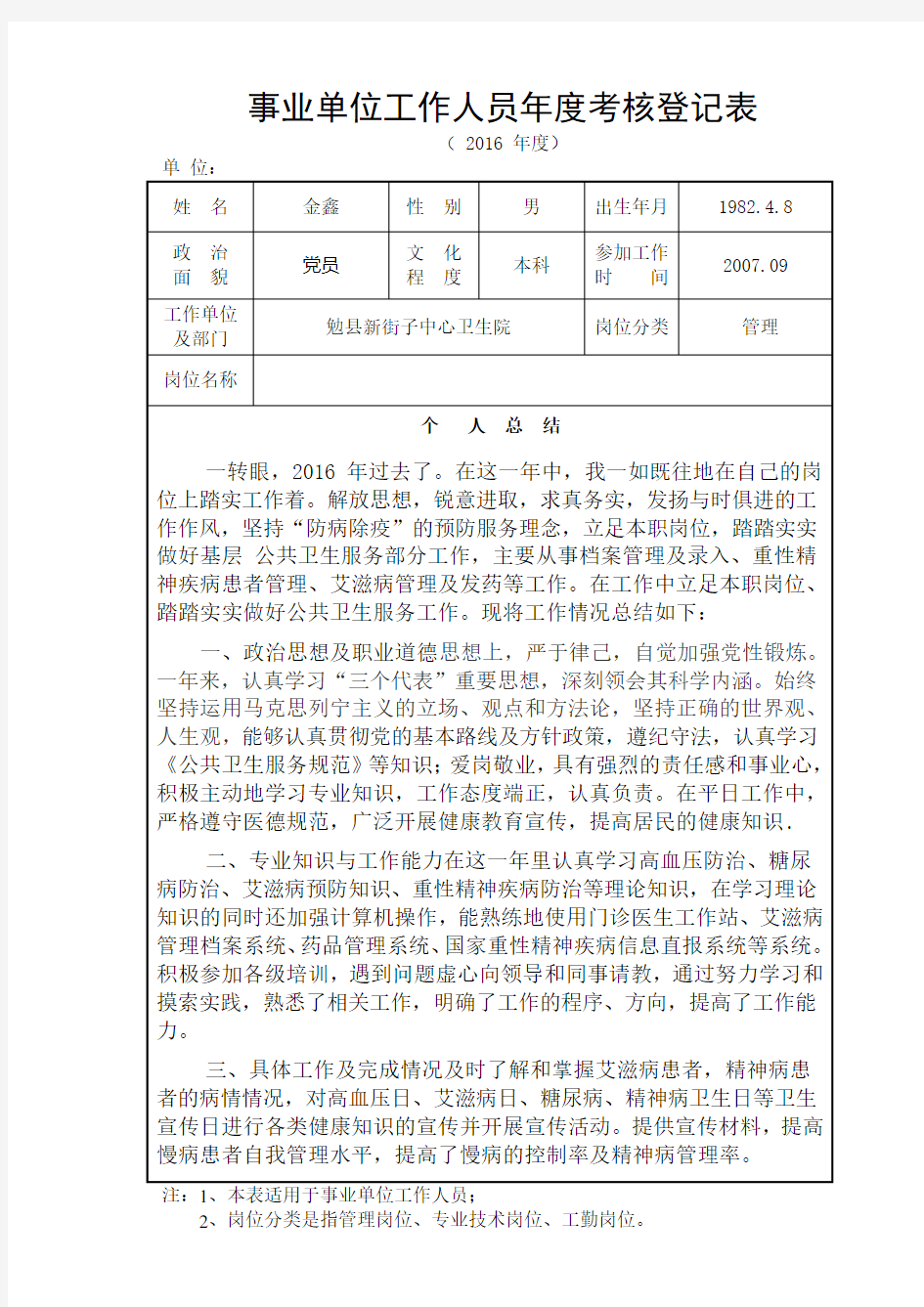 2016 年度考核登记表