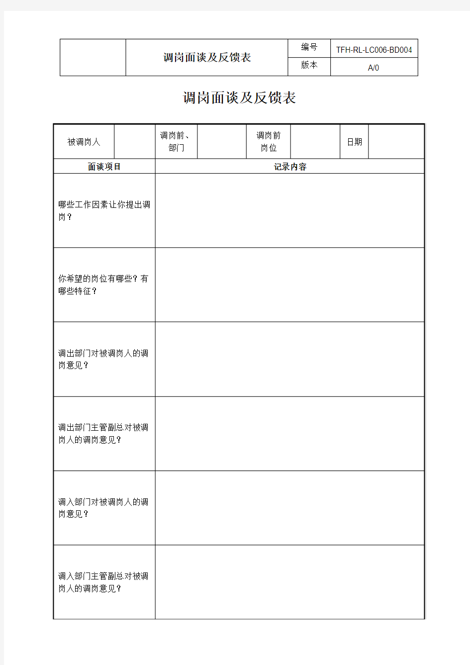 房地产公司管控流程之LC006-BD004调岗反馈及面谈表(北顶)