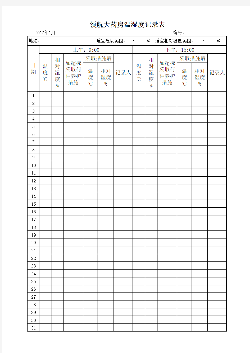 药店温湿度记录表