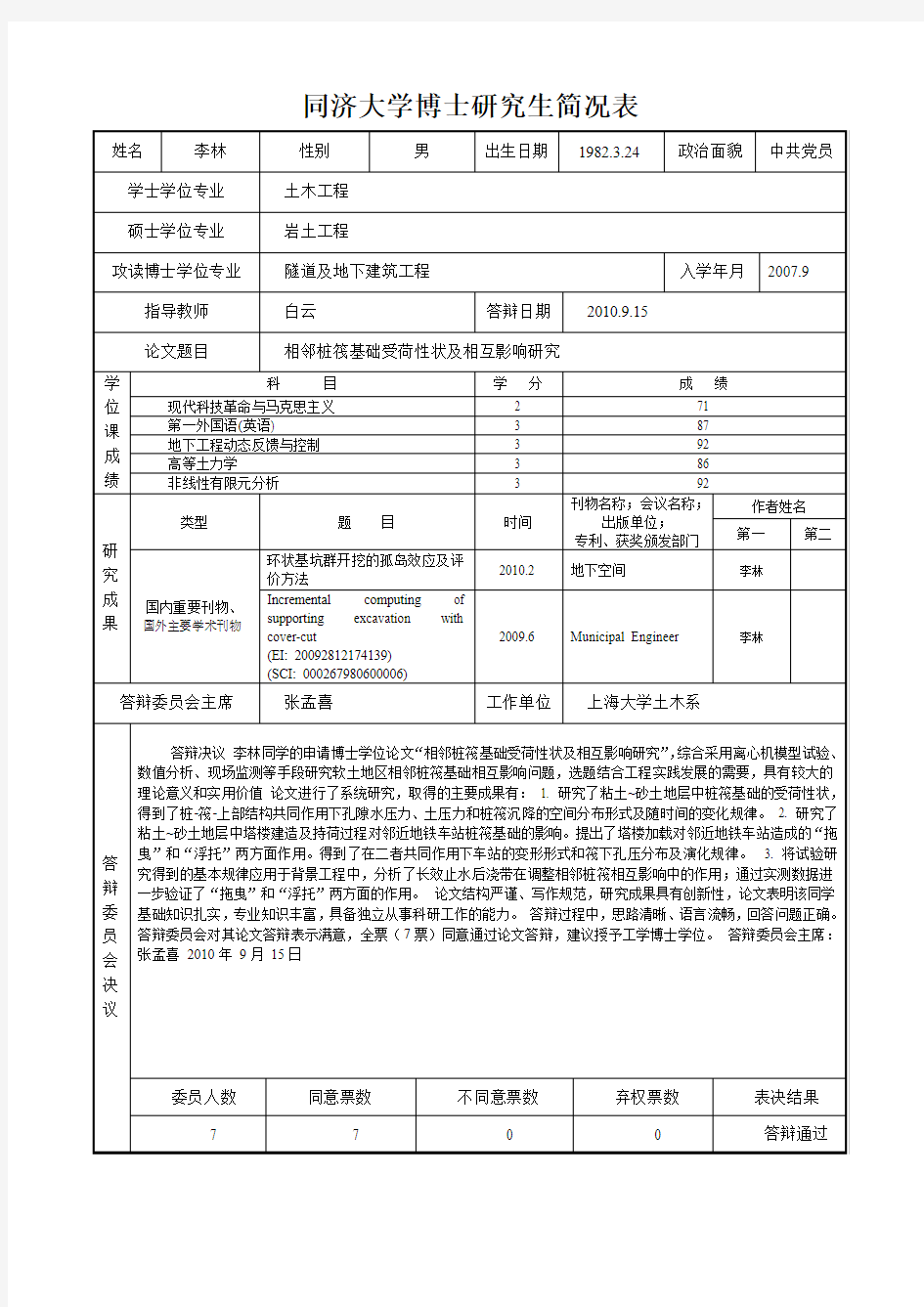 同济大学博士研究生简况表-同济大学土木工程学院