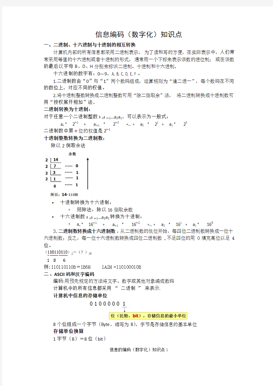 信息编码(数字化)知识点